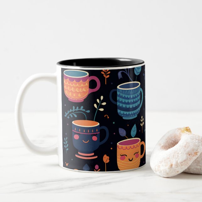 Cute Kawaii Coffee Mugs Pattern with Smiling Faces (With Donut)