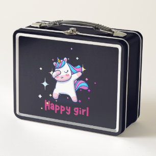 Cute Kawaii Colorful Rainbow Unicorn Happy Girl Metal Lunch Box