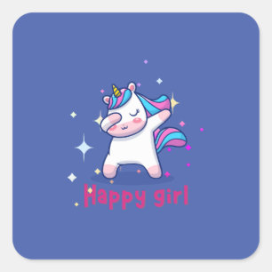 Cute Kawaii Colorful Rainbow Unicorn Happy Girl Square Sticker