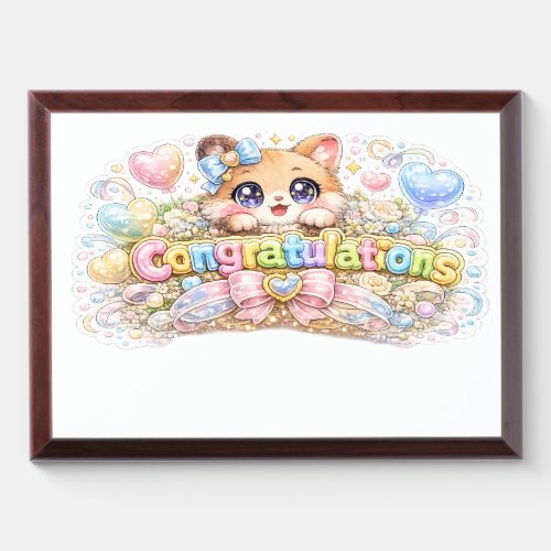 Cute Kawaii Congratulations Cat Pastel Pink Floral Award Plaque