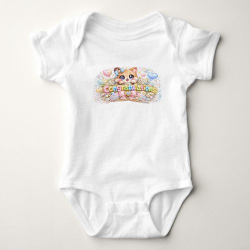 Cute Kawaii Congratulations Cat Pastel Pink Floral Baby Bodysuit