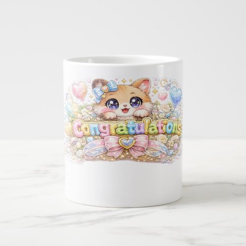 Cute Kawaii Congratulations Cat Pastel Pink Floral Giant Coffee Mug