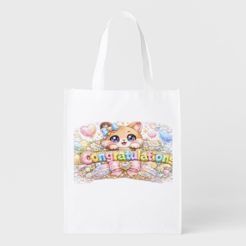 Cute Kawaii Congratulations Cat Pastel Pink Floral Grocery Bag
