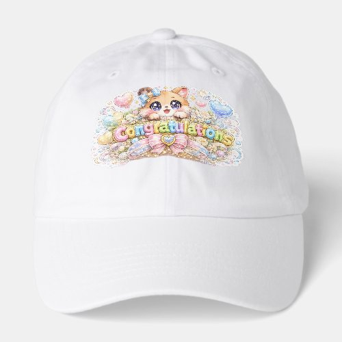 Cute Kawaii Congratulations Cat Pastel Pink Floral Hat
