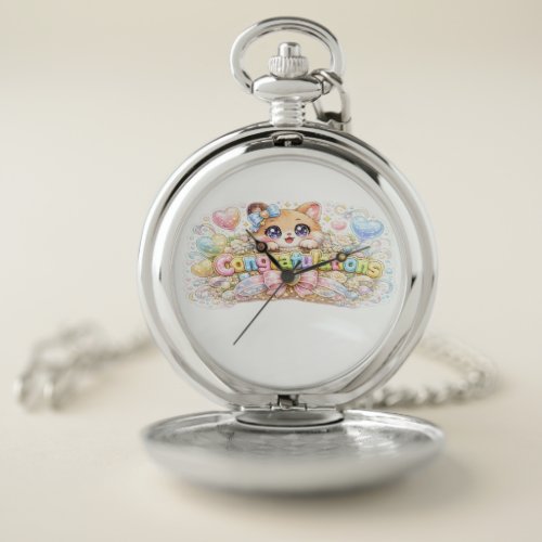Cute Kawaii Congratulations Cat Pastel Pink Floral Pocket Watch