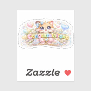 Cute Kawaii Congratulations Cat Pastel Pink Floral Sticker