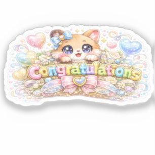 Cute Kawaii Congratulations Cat Pastel Pink Floral Sticker