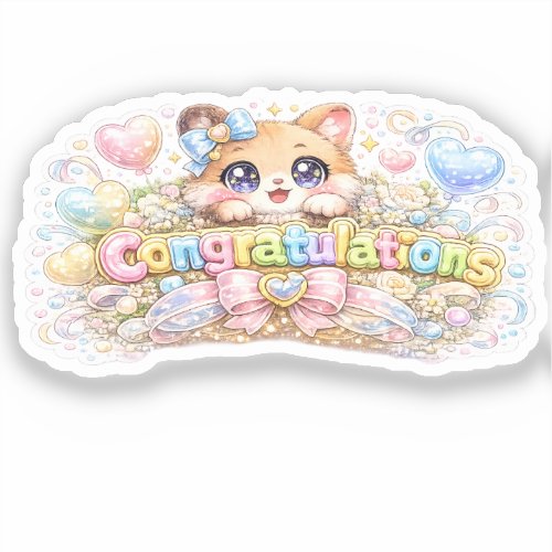 Cute Kawaii Congratulations Cat Pastel Pink Floral Sticker