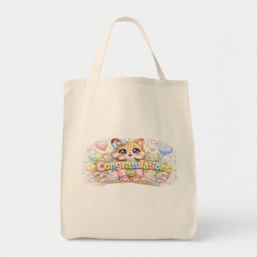 Cute Kawaii Congratulations Cat Pastel Pink Floral Tote Bag