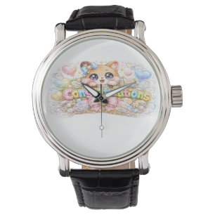 Cute Kawaii Congratulations Cat Pastel Pink Floral Watch