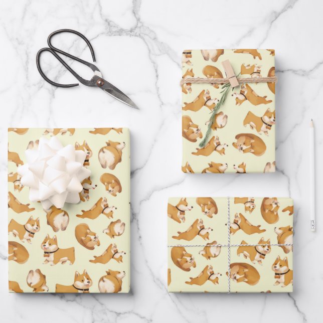 Cute Kawaii corgi puppy dog pattern  Wrapping Paper Sheets (Front)