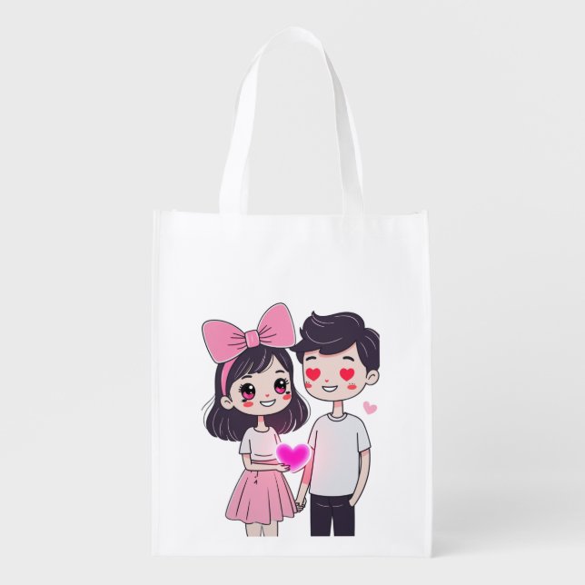 Cute Kawaii Couple Doodle Illustration Grocery Bag (Front)