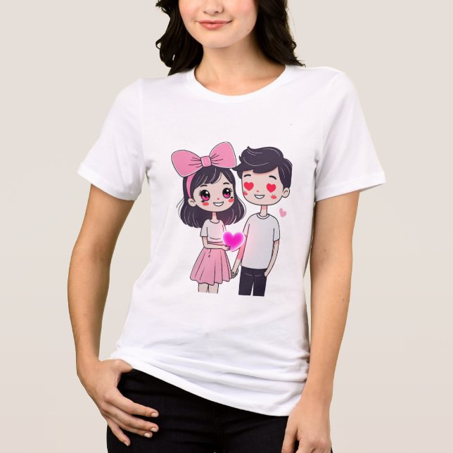 Cute Kawaii Couple Doodle Illustration Tri-Blend Shirt (Front)