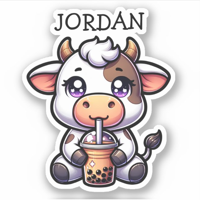 Cute Kawaii Cow with Bubble Tea Personalized  Sticker (Front)
