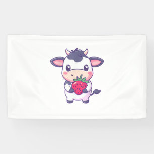 Cute Kawaii Cow With Strawberries Adorable Cattle Banner