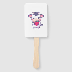 Cute Kawaii Cow With Strawberries Adorable Cattle Hand Fan
