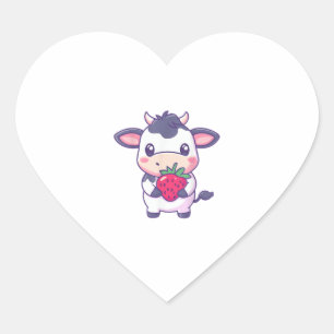 Cute Kawaii Cow With Strawberries Adorable Cattle Heart Sticker