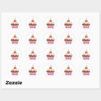 Pink and green Cupcake stickers, Cherry Cupcake stickers, Cupcake Birthday  party, Cupcake labels, Cupcake favor stickers, set of 12