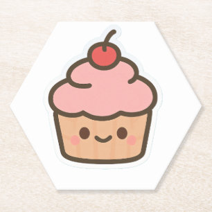 Cute Kawaii Cupcake with Cherry – Happy Face Carto Paper Coaster