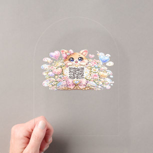 Cute Kawaii Custom QR Code Cat Pastel Pink Floral Acrylic Invitations