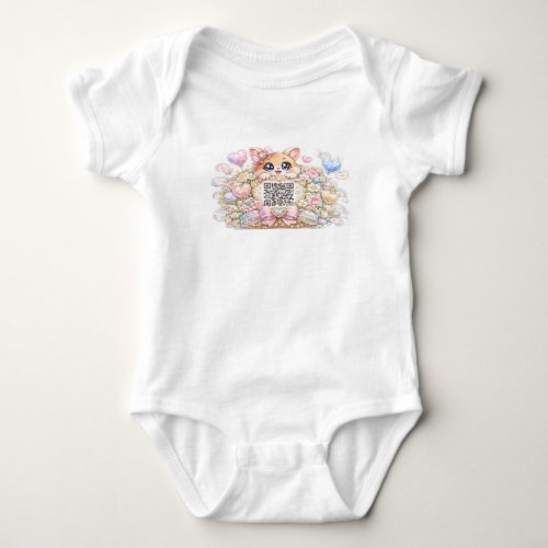 Cute Kawaii Custom QR Code Cat Pastel Pink Floral Baby Bodysuit