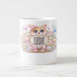 Cute Kawaii Custom QR Code Cat Pastel Pink Floral Giant Coffee Mug