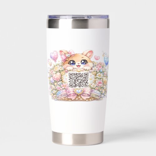 Cute Kawaii Custom QR Code Cat Pastel Pink Floral Insulated Tumbler