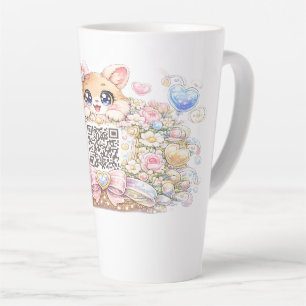 Cute Kawaii Custom QR Code Cat Pastel Pink Floral Latte Mug
