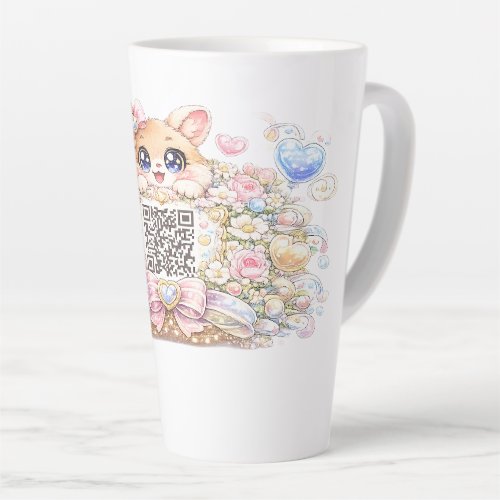 Cute Kawaii Custom QR Code Cat Pastel Pink Floral Latte Mug