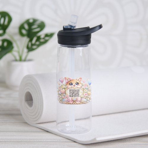 Cute Kawaii Custom QR Code Cat Pastel Pink Floral Water Bottle