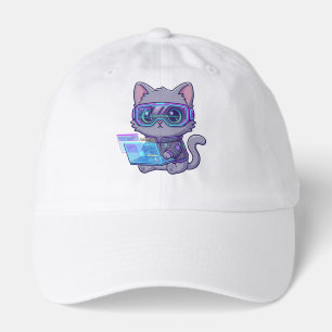 Cute Kawaii Cyberpunk Cat Hacker with Laptop Hat