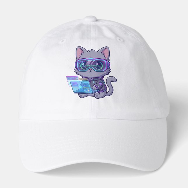 Cute Kawaii Cyberpunk Cat Hacker with Laptop Hat (Front)