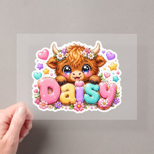 Cute Kawaii Daisy Highland Cow Name Pastel Pink Fl Acrylic Invitations