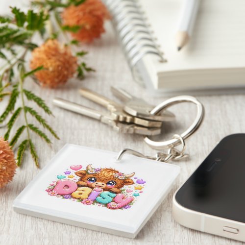 Cute Kawaii Daisy Highland Cow Name Pastel Pink Fl Keychain