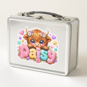 Cute Kawaii Daisy Highland Cow Name Pastel Pink Fl Metal Lunch Box