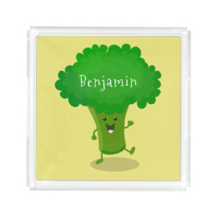 Cute kawaii dancing broccoli cartoon illustration acrylic tray