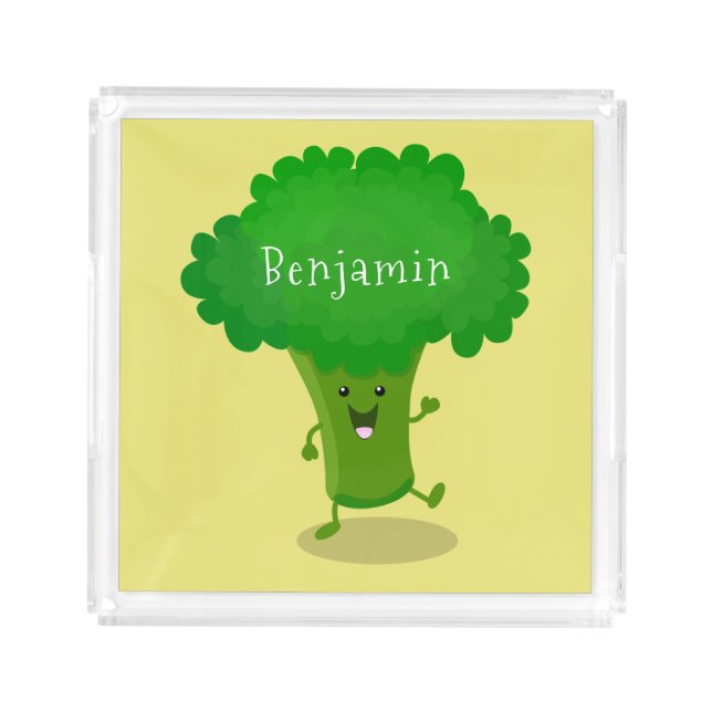 Cute kawaii dancing broccoli cartoon illustration acrylic tray (Front)
