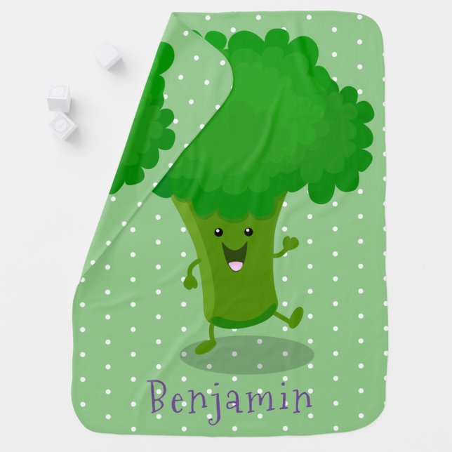 Cute kawaii dancing broccoli cartoon illustration baby blanket (In Situ)
