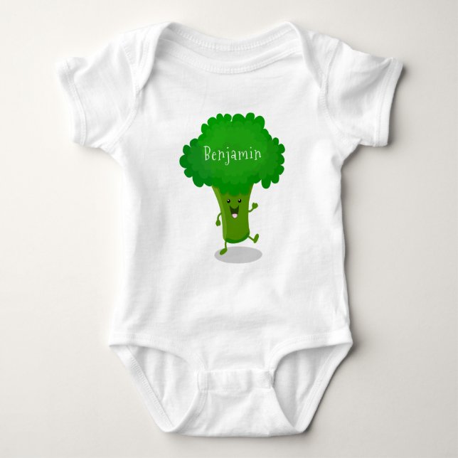 Cute kawaii dancing broccoli cartoon illustration baby bodysuit (Front)