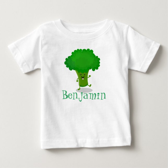 Cute kawaii dancing broccoli cartoon illustration baby T-Shirt (Front)