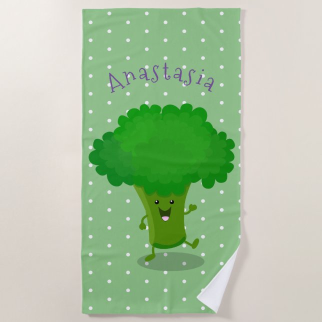 Cute kawaii dancing broccoli cartoon illustration beach towel (Front)