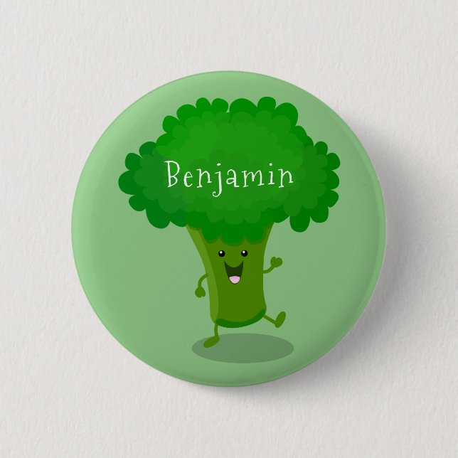 Cute kawaii dancing broccoli cartoon illustration button (Front)