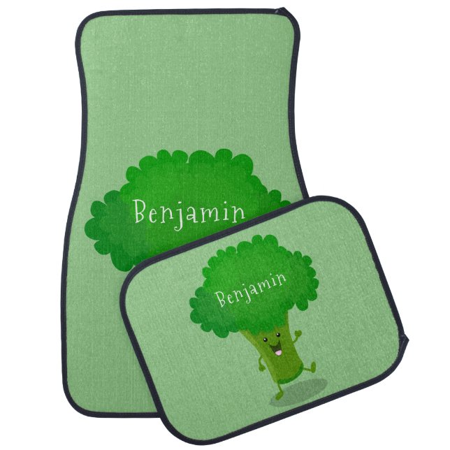 Cute kawaii dancing broccoli cartoon illustration car floor mat (Set)