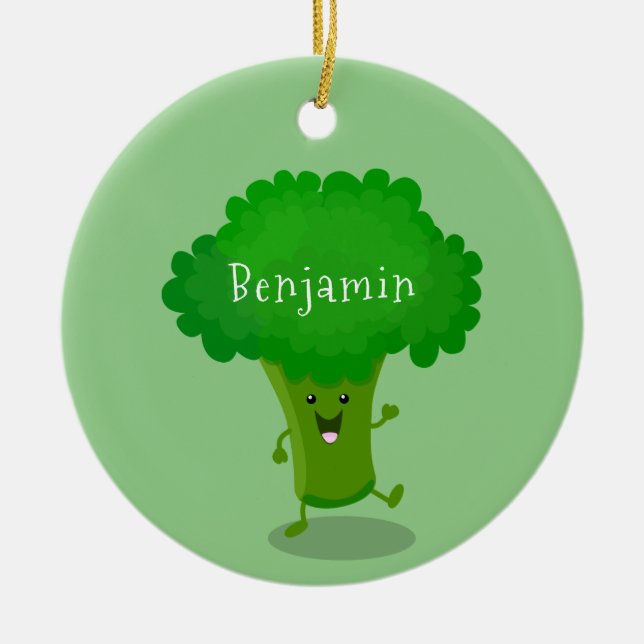 Cute kawaii dancing broccoli cartoon illustration ceramic ornament (Front)