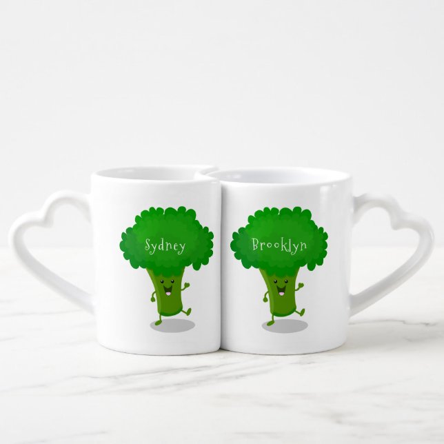 Cute kawaii dancing broccoli cartoon illustration coffee mug set (Back Nesting)
