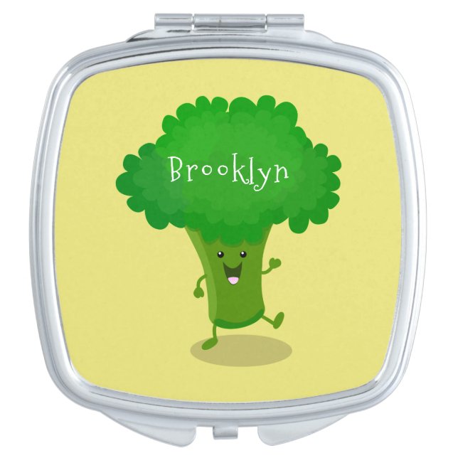 Cute kawaii dancing broccoli cartoon illustration compact mirror (Front)
