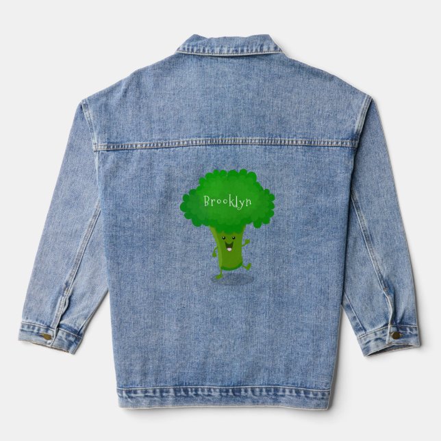 Cute kawaii dancing broccoli cartoon illustration denim jacket (Back)