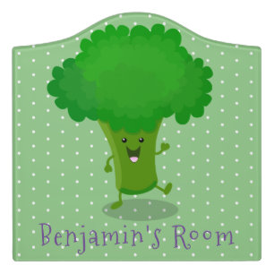 Cute kawaii dancing broccoli cartoon illustration door sign