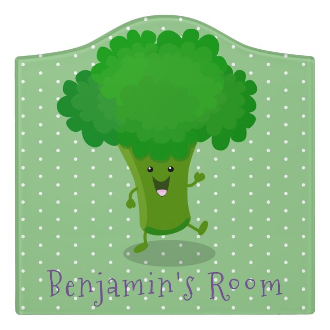 Cute kawaii dancing broccoli cartoon illustration door sign (Large Crest Front)