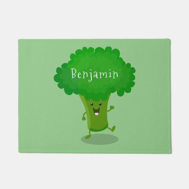 Cute kawaii dancing broccoli cartoon illustration doormat (Front)